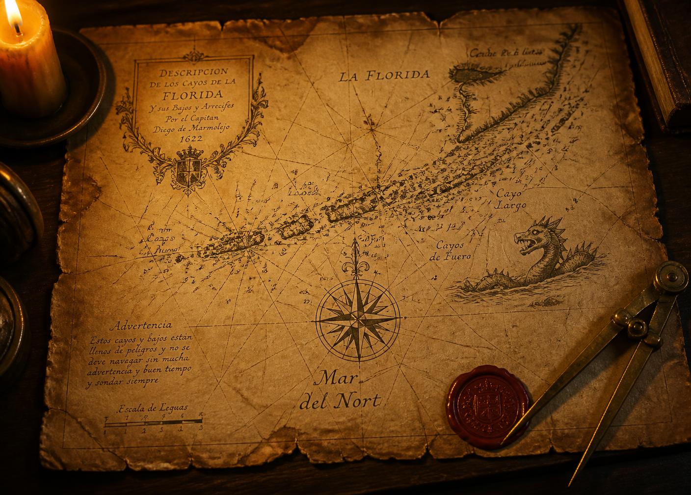 An aged 1622 Spanish chart of the Florida Keys with a wax seal and brass dividers